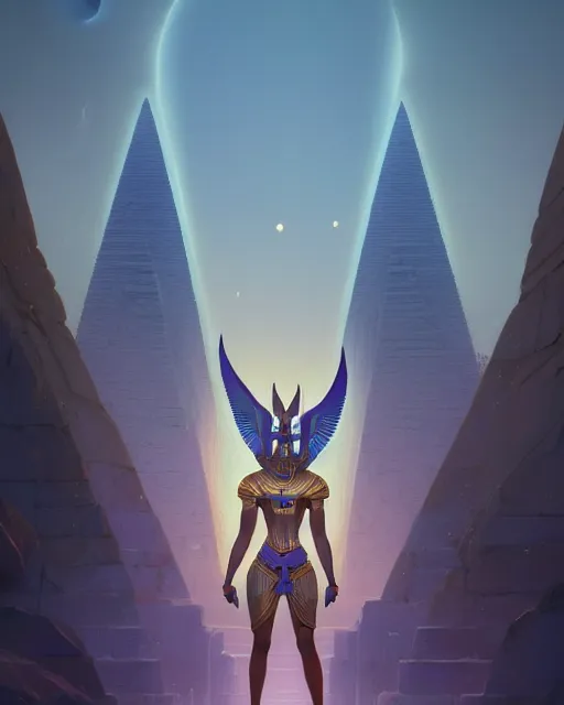 Image similar to highly detailed vfx portrait of a egyptian god anubis talking to horus with pyramid behind them, sky galaxy purple, unreal engine, greg rutkowski, loish, rhads, beeple, makoto shinkai and lois van baarle, ilya kuvshinov, rossdraws, tom bagshaw, alphonse mucha, global illumination, detailed and intricate environment