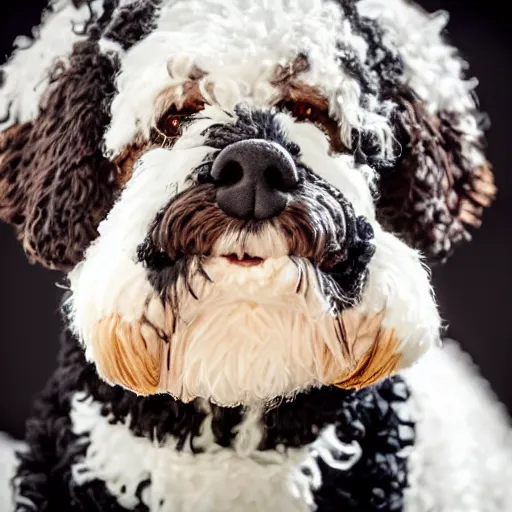 Image similar to a closeup photorealistic photograph of a cute smiling knitted bernedoodle judge dog dressed in a black gown, presiding over the courthouse. indoors, professional capture, well lit shot. this 4 k hd image is trending on artstation, featured on behance, well - rendered, extra crisp, features intricate detail, epic composition and the style of unreal engine.