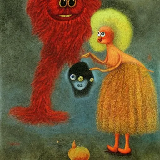 Prompt: by Remedios Varos, a portrait of Elmo from Sesame Street and his goldfish Dorothy, oil painting, traditional.
