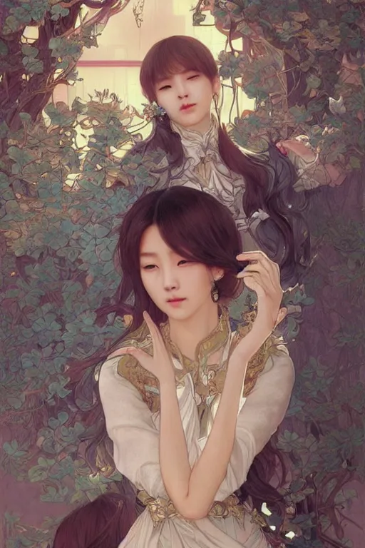 Prompt: beautiful cottagecore BTS k-pop band, phone wallpaper. intricate, elegant. the background is babylue !. highly detailed, digital painting, artstation, concept art, smooth, sharp, focus, illustration. . art by artgerm and greg rutkowski and alphonse mucha