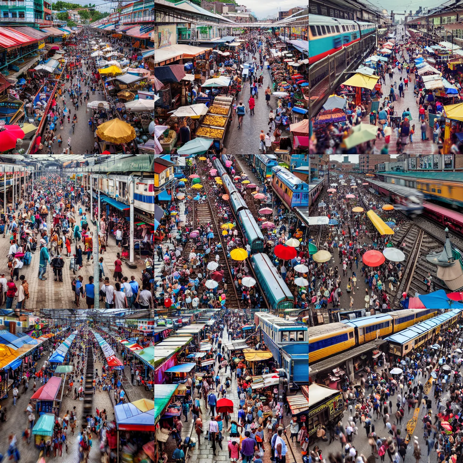 Prompt: a train travelling through a street market filled with people, a tilt shift photo by robert freebairn, shutterstock contest winner, regionalism, maximalist, cluttered, associated press photo