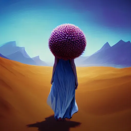 Image similar to portrait, giant purple dahlia flower head, girl walking between dunes, surreal photography, sunrise, blue sky, dramatic light, impressionist painting, digital painting, artstation, simon stalenhag