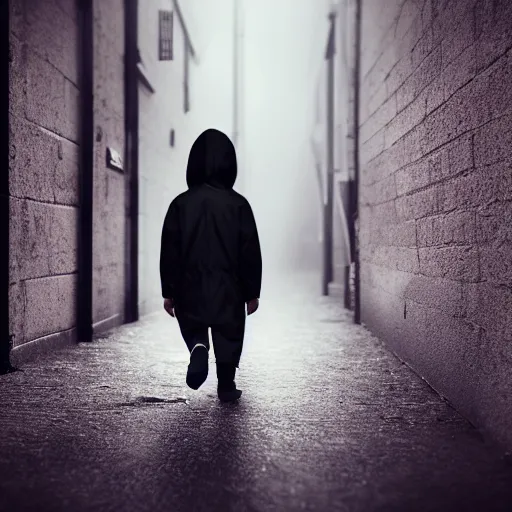 Prompt: A small child wearing red shoes and a rain coat obscuring his face walking alone in a dark alley, scary atmosphere,gloomy lighting, digital art , highly detailed , high contrast, beautiful lighting, award winning , trending on art station, 8k, photo realistic