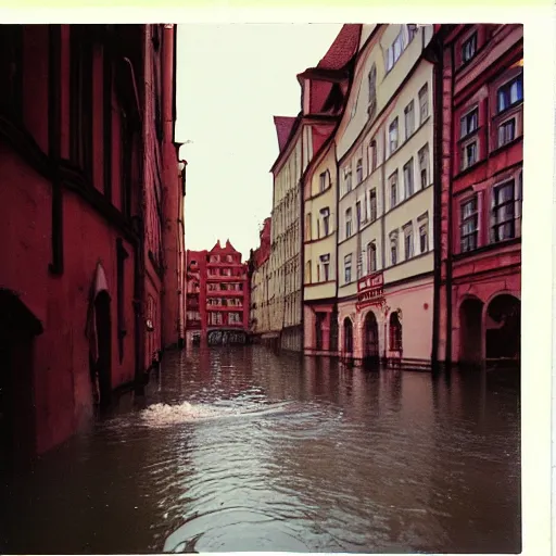 Prompt: Wrocław during 1997 red wine flood, award winning Polaroid color photo