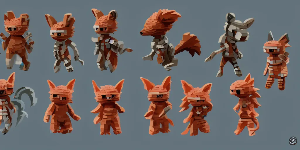 Image similar to small creatures called critters, made out of individual bricks. cute looking, kawaii, sharp focus, moebius, character sheet, game concept art, brush work