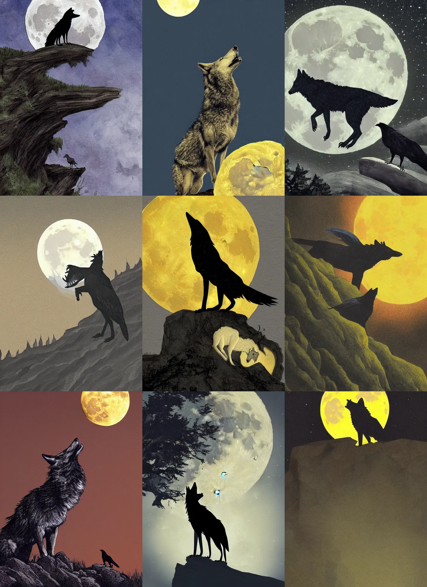 Prompt: A wolf with the head of a crow, perched upon a cliff's edge, howling at a yellowish full moon overlooking a dark forest