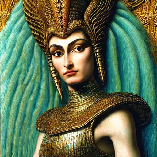 Prompt: intricate detail, hyper detail, nefertiti, mami wata, lady of elche, ashteroth, wearing labradorite haute couture armor, hazel green eyes, aqua eyebrows, aqua rapunzel hair, detailed, sandro botticelli, gaston bussiere, h. r. giger, masterpiece, sharp focus,