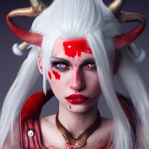 Image similar to a highly detailed portrait of a humanoid demon girl with white hair, red horns, in white clothes, artstation, deviantart, professional, unreal engine 5, photorealistic