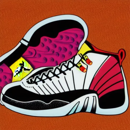 Prompt: advertising product photo of Jordan 12 sneakers design in the 80s, vibrant colors, black background, spot lighting, realistic HD photo