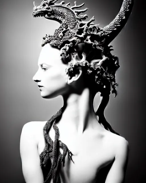 Image similar to dark background, a black and white high quality dreamy photo of a young beautiful female queen-dragon-vegetal-orchid-mineral-cyborg bust with a very long neck and delicate Mandelbrot fractal face, elegant, highly detailed, flesh highly baroque ornate, hair are curled wired cables, elegant, poetic, soft, dreamy, mysterious, high fashion, rim light, in the style of Ellen von Unwerth, Realistic, Refined, Digital Art, Highly Detailed, Cinematic Lighting, rim light, black and white, photo-realistic, 8K