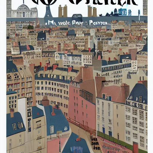 Prompt: cover of newyorker of Paris without water, over crowded by bots, wes anderson style,