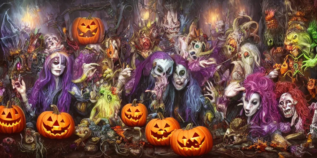 Prompt: the most awesome monster party at halloween by brian froud and artgerm, dripping, hyper-realistic, bright and colorful, octane render, 8k, extremely detailed, photorealistic, horror, cinematic