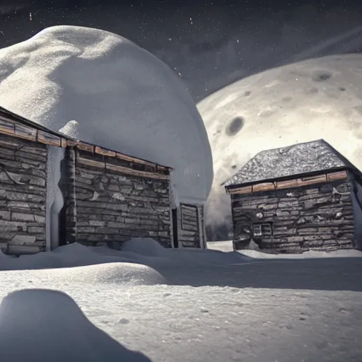 Image similar to a snowy village on the moon, 8 k, highly detailed, unreal engine render