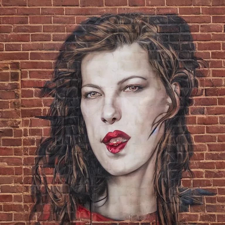 Image similar to Street-art portrait of Milica Bogdanivna Jovovich on the red brick wall in style of Etam Cru, photorealism