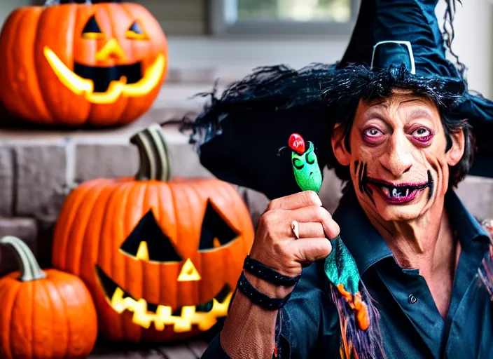 Image similar to dslr photo still of jim varney trick or treating on halloween, 4 k, 1 2 0 mm f 1 6