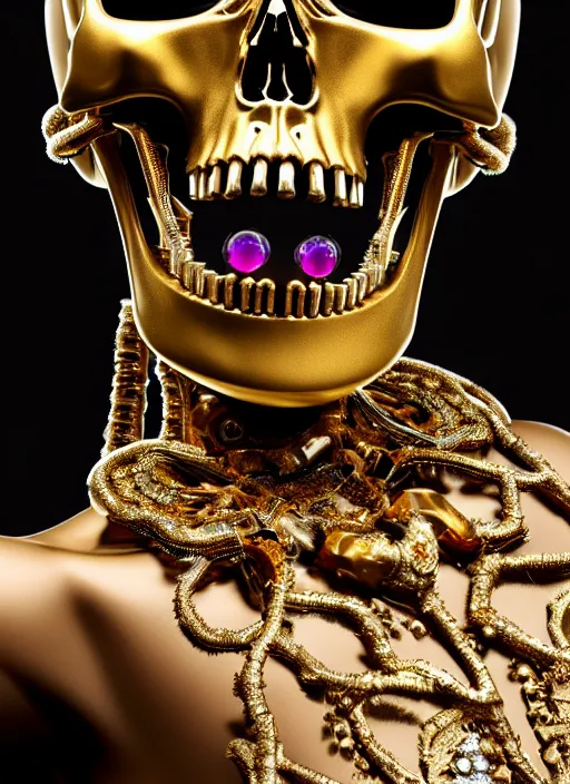 Prompt: a stunning young female cyborg - skull ribs made of gold, gemstones, diamonds, unreal engine, glamor shot, nikon d 7 5 0, closeup, f / 2. 8, low contrast, 1 6 k, rim lighting, optical fiber, cinematic lighting, insanely detailed and intricate, hypermaximalist, elegant, ornate, hyper realistic,