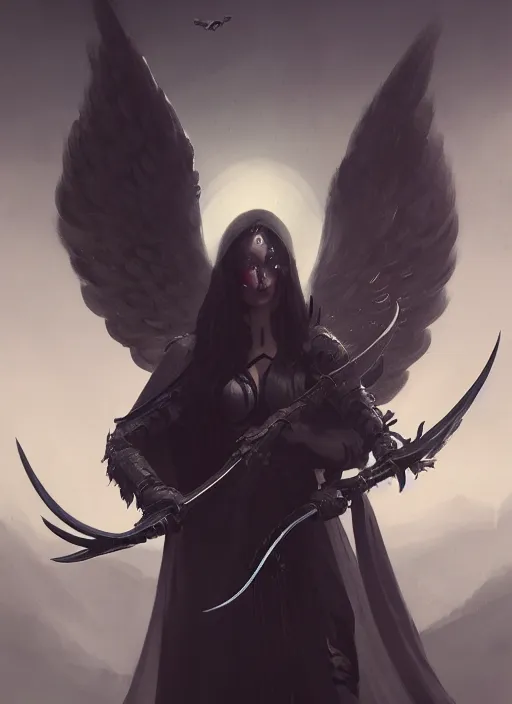 Image similar to a portrait of a beautiful angel of death with black wings holding a large scythe by marco bucci and greg rutkowski, sharp focus, very detailed, cinematic, closeup, trending on artstation, 4 k