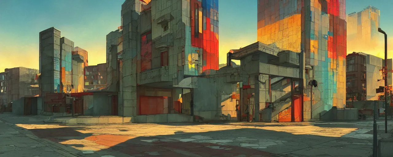 Image similar to neo brutralism, concrete housing, an archway, concept art, colorful, vivid colors, sunrise, warm colors, light, strong shadows, reflections, oilpainting, cinematic, 3D, in the style of Akihiko Yoshida and Edward Hopper