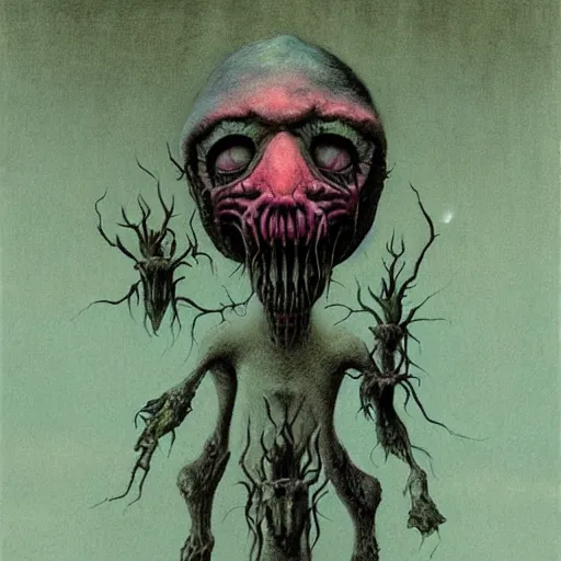 Image similar to a hyperrealistic brightly colored painting of a psychedelic alien nightmare, by john kenn mortensen and zdzislaw beksinski, highly detailed, vivid color,