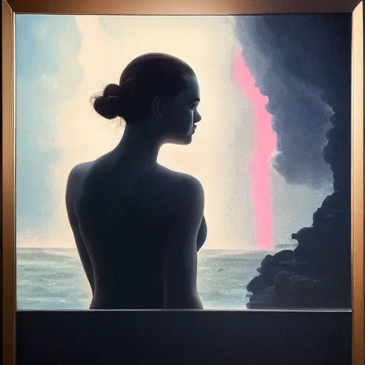 Prompt: silhouette of a Elle Fanning gazing at the stormy ocean, extremely detailed masterpiece, oil on canvas, low-key neon lighting, Blade Runner 2049, Roger Deakin’s cinematography, artstation, by J. C. Leyendecker and Peter Paul Rubens,