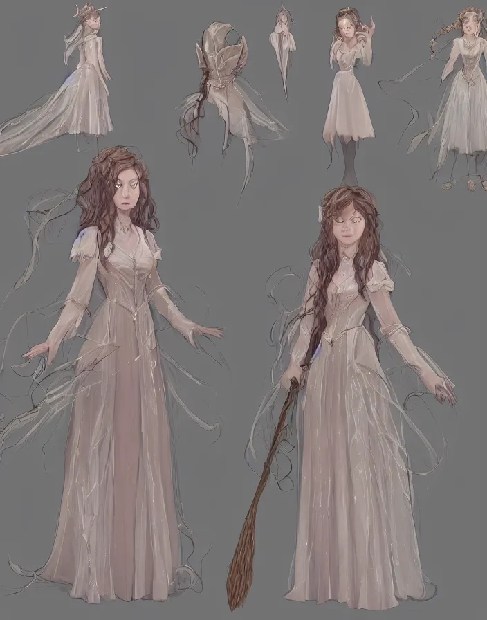 Prompt: A young female wizard in delicate magical dress + concept art + detailed character portrait