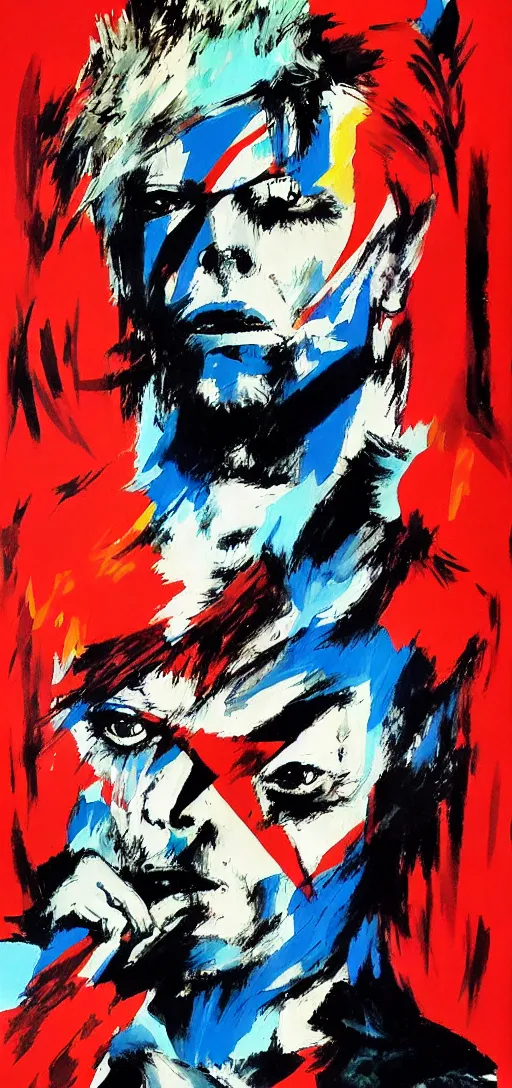 Image similar to David Bowie by Ashley Wood, Yoji Shinkawa, Jamie Hewlett, 60's French movie poster, French Impressionism, vivid colors, palette knife and brush strokes, Dutch tilt