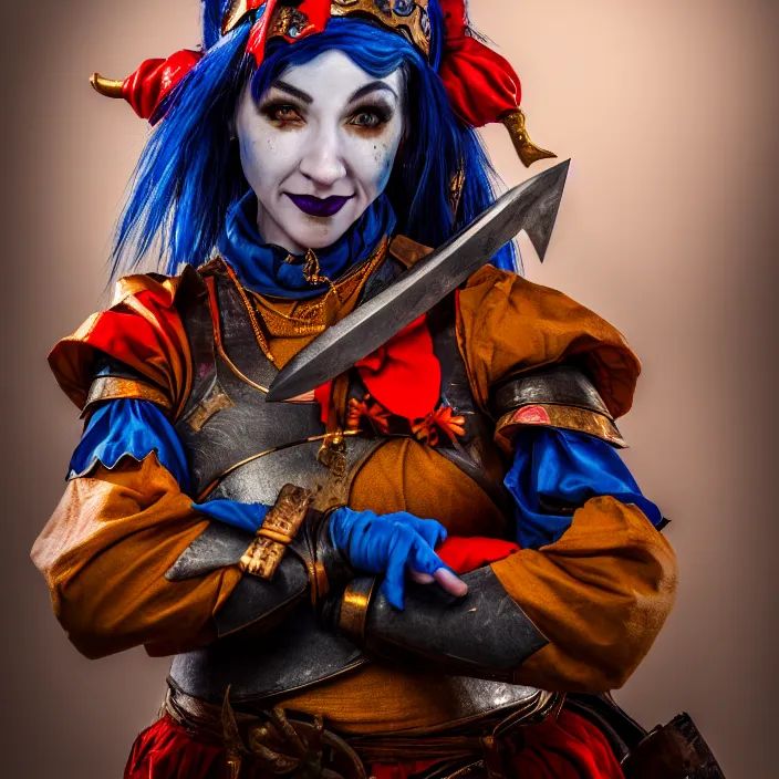 Image similar to photo of a real - life cute beautiful female jester warrior, 8 k, hdr, smooth, sharp focus, high resolution, award - winning photo