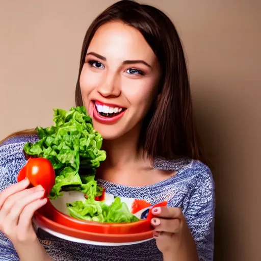 Image similar to happy woman eating salad, stock photograph, studio lighting, 4k