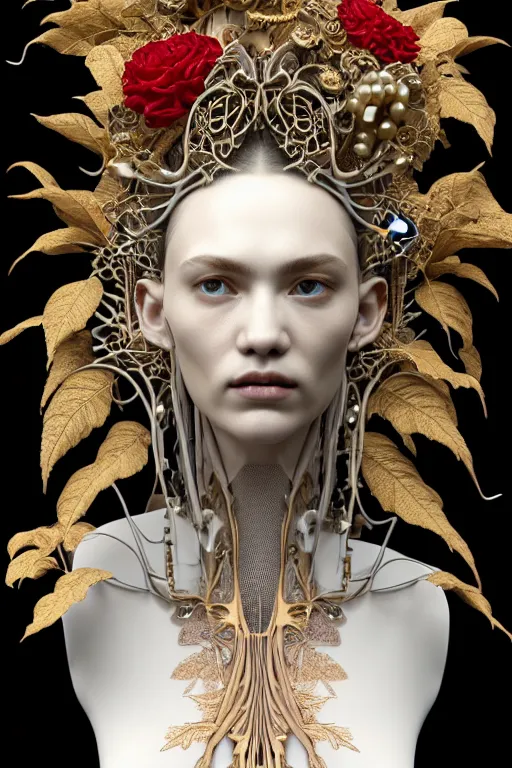 Prompt: complex 3d render ultra detailed of a beautiful porcelain profile Grimes face with long hair, biomechanical cyborg, analog, 150 mm lens, beautiful natural soft rim light, big leaves and stems, roots, fine foliage lace, gold blue red details, massai warrior, Alexander Mcqueen high fashion haute couture, pearl earring, art nouveau fashion embroidered, steampunk, intricate details, mesh wire, mandelbrot fractal, anatomical, facial muscles, cable wires, microchip, elegant, hyper realistic, ultra detailed, octane render, H.R. Giger style, volumetric lighting, 8k post-production