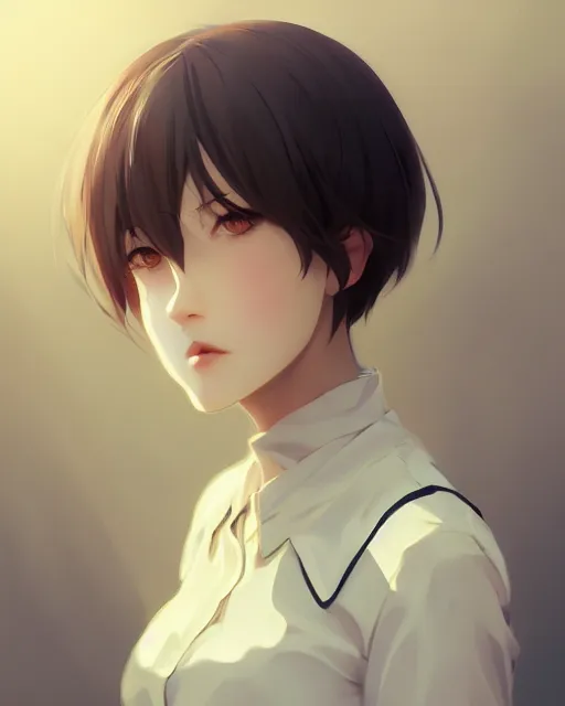 Image similar to kyoto animation, woman with short hair, beautiful, detailed portrait, cell shaded, 4 k, concept art, by wlop, ilya kuvshinov, artgerm, krenz cushart, greg rutkowski, pixiv. cinematic dramatic atmosphere, sharp focus, volumetric lighting, cinematic lighting, studio quality