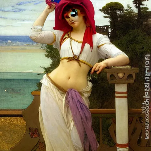 Image similar to A girl with jester hat and clothes on the front of a Balustrade with a beach on the background, major arcana clothes, by paul delaroche, alphonse mucha and arnold böcklin arnold böcklin hyperrealistic 8k, very detailed