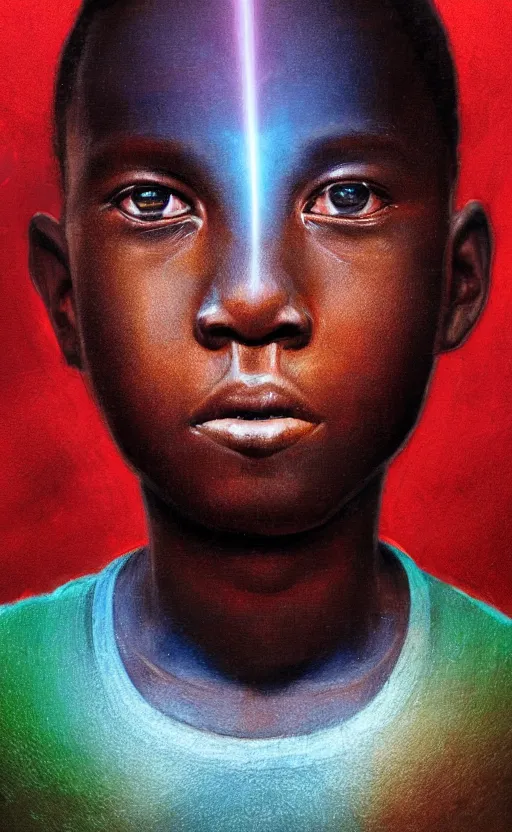 Prompt: colourful upper half portrait of an african boy inside a group of clouds surrounded by bolts of lightning with rays of light emanating from clouds - in drew struzan movie poster style, art by drew struzan & hsiao - ron cheng, highly detailed, digital painting, ray tracing, illustration, smooth, sharp focus, intricate, symmetry, artstation,