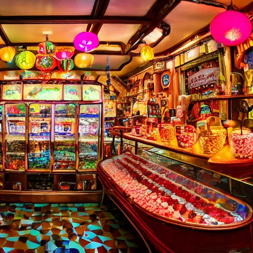 Image similar to Inside a magical old fashioned sweet shop, fantasy vendor interior, wide angle, cinematic shot, highly detailed, cinematic lightnig , photo-realistic, colorful