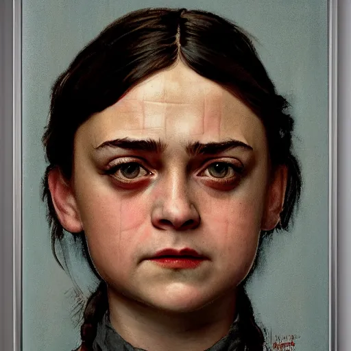 Image similar to Frontal portrait of a barbed arya stark. A portrait by Norman Rockwell.