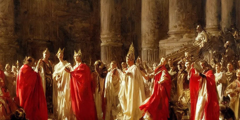 Image similar to beautiful oil painting, steve buscemi in royal crimson robes enthroned as the god emperor of ancient rome surrounded by servants in gilded halls a golden wreath upon his head, by anders zorn, wonderful masterpiece by greg rutkowski, beautiful cinematic light, american romanticism, by thomas lawrence, greg rutkowski