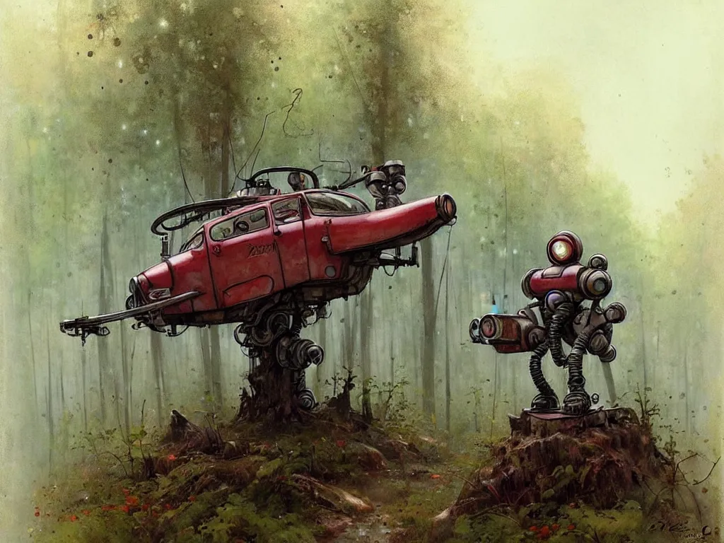 Image similar to adventurer ( ( ( ( ( 1 9 5 0 s retro future robot vehical in the forrest. muted colors. swamps ) ) ) ) ) by jean baptiste monge!!!!!!!!!!!!!!!!!!!!!!!!! chrome red