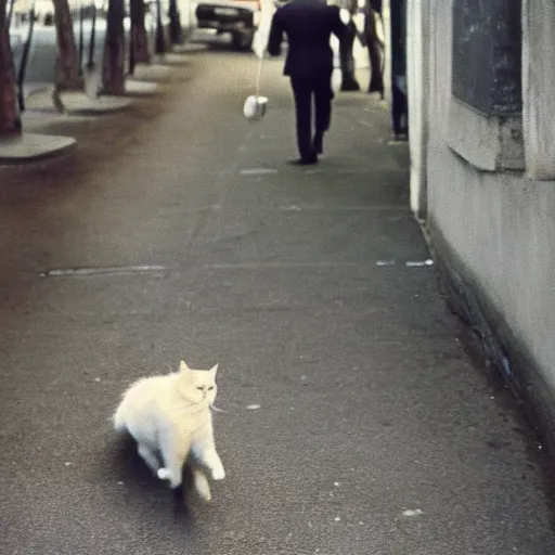 Image similar to a businessman cat going to work, 1 9 7 0 colour photography, award winning