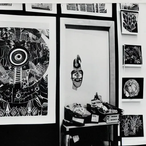 Image similar to A black and white photography of an exhibition space with works of Sun Ra, Marcel Duchamp and tropical plants, 60s, offset lithography print, newspaper, distant shot