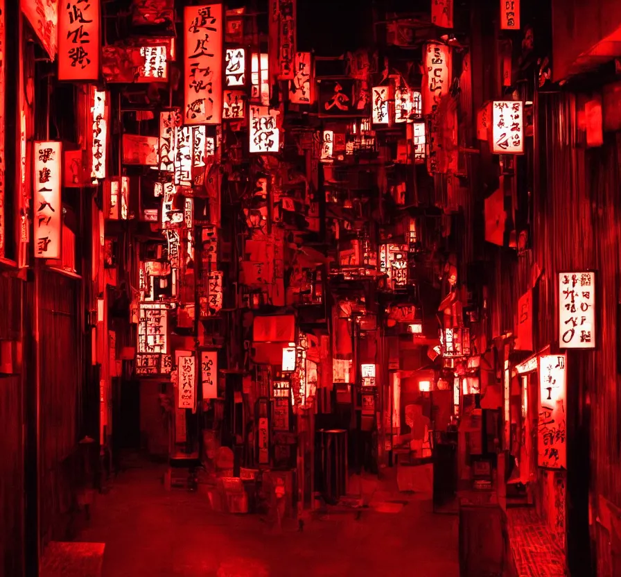 Image similar to spooky photo of a dark infinite hallway of a japanese izakaya with open lit doorways all the way down, dramatic lighting, smoke, ceiling fluorescent lighting, black and red colour palette