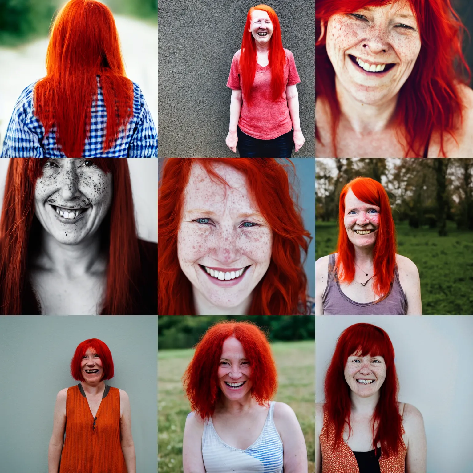 Prompt: a photograph of a smiling thirty year old woman standing alone, red hair, freckles, tears