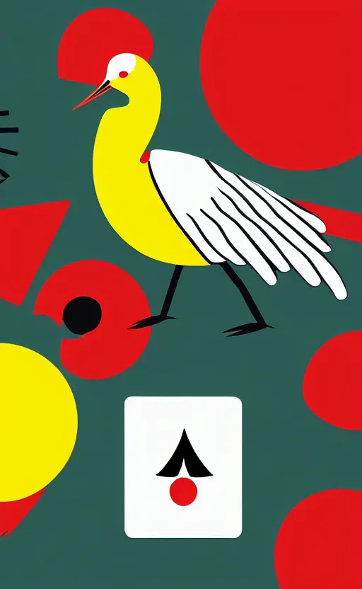 Prompt: poker card style, simple, modern look, colorful, japanese crane bird symbol in center, pines symbols, maintain aspect ratio, turchese and yellow and red and black, vivid contrasts, for junior, smart design, backed on kickstarter, realistic shapes