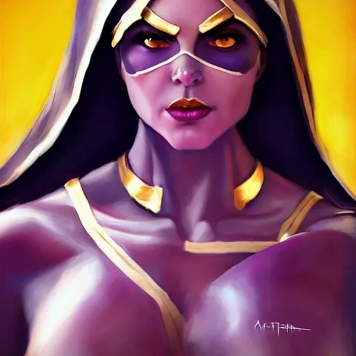 Prompt: thanos as a feminine beautiful muscular woman dressed as a battle nun, red lips, attractive, highly detailed full body portrait, pretty face, elegant, breathtaking art, concept art, by artgerm and ilya kuvshinov