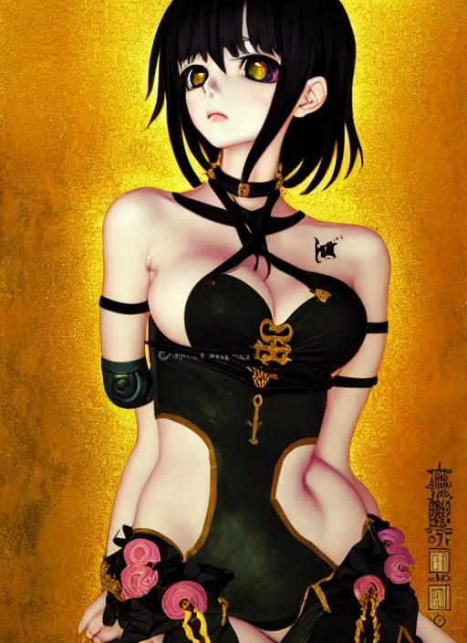 Image similar to portrait of beautiful young gothic anime maiden in bikini armor, cute-fine-face, pretty face, realistic shaded Perfect face, fine details. Anime, cyberpunk, highly detailed, artstation, illustration, art by Ilya Kuvshinov and Gustav Klimt and Gustav Klimt and Gustav Klimt and Gustav Klimt