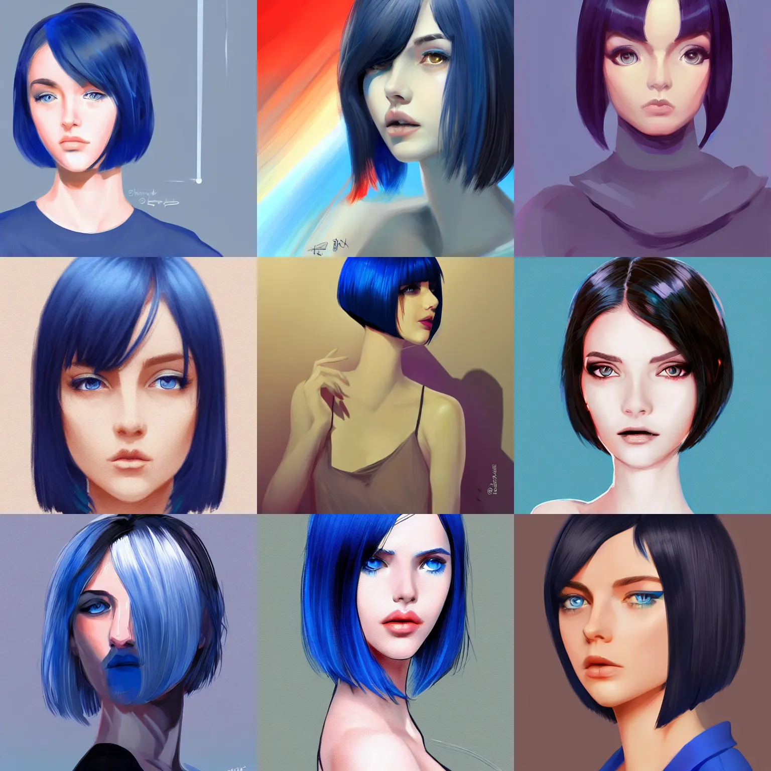 Prompt: girl with striking blue eyes and short black hair in a bob haircut, concept art, illustration, sharp focus, artstation