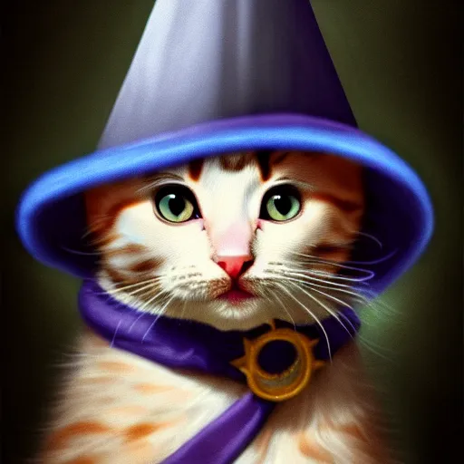 Image similar to a kitten wearing wizard robes and wizard hat, matte oil painting, eldritch, magical, fog, noble, full body portrait, extremely detailed, inspiring, award - winning, clear, crisp, sharp, 4 k, 8 k