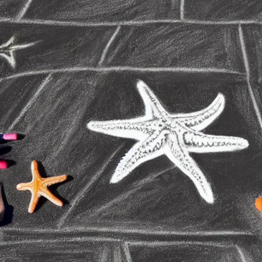 Prompt: Chalk drawing of a starfish holding seaweed. Child's drawing chalk on brick wall.