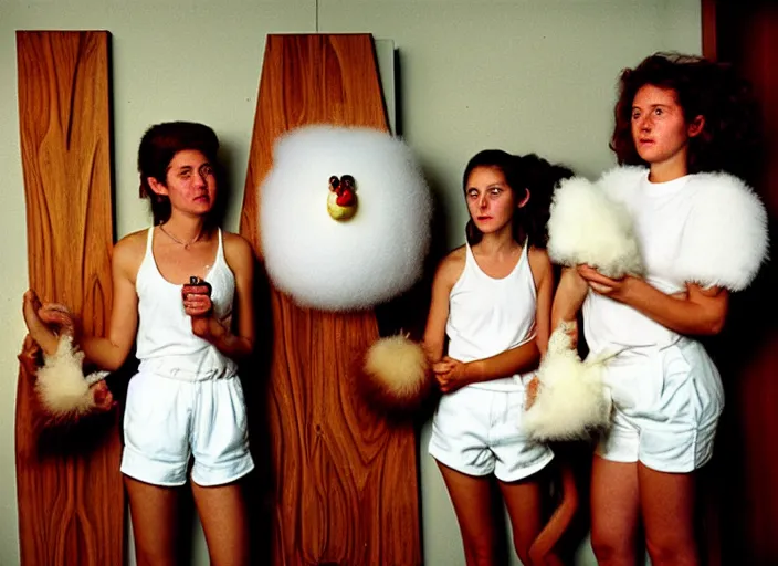 Image similar to realistic photo of a three young female birdman wearing white shorts, watching at a levitating fluffy furry cloud, in a living room sci - fi laboratory with many wooden gadgets made of wood interior is made of wood 1 9 9 0, life magazine reportage photo, natural colors