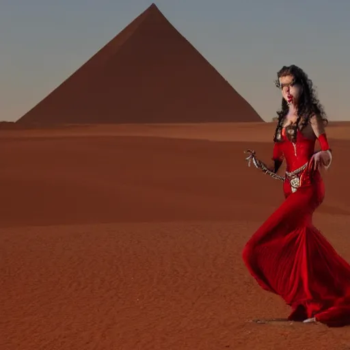 Prompt: An alluring vampire queen wearing a red pendant walks out of a tomb in the Sahara