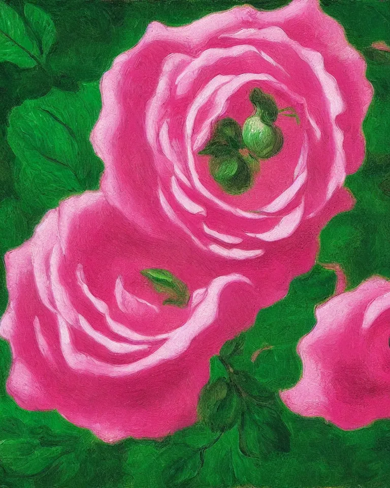 Prompt: achingly beautiful extreme close up painting of blooming pink rose on green background by rene magritte, monet, and turner. piranesi. macro lens, symmetry, circular.