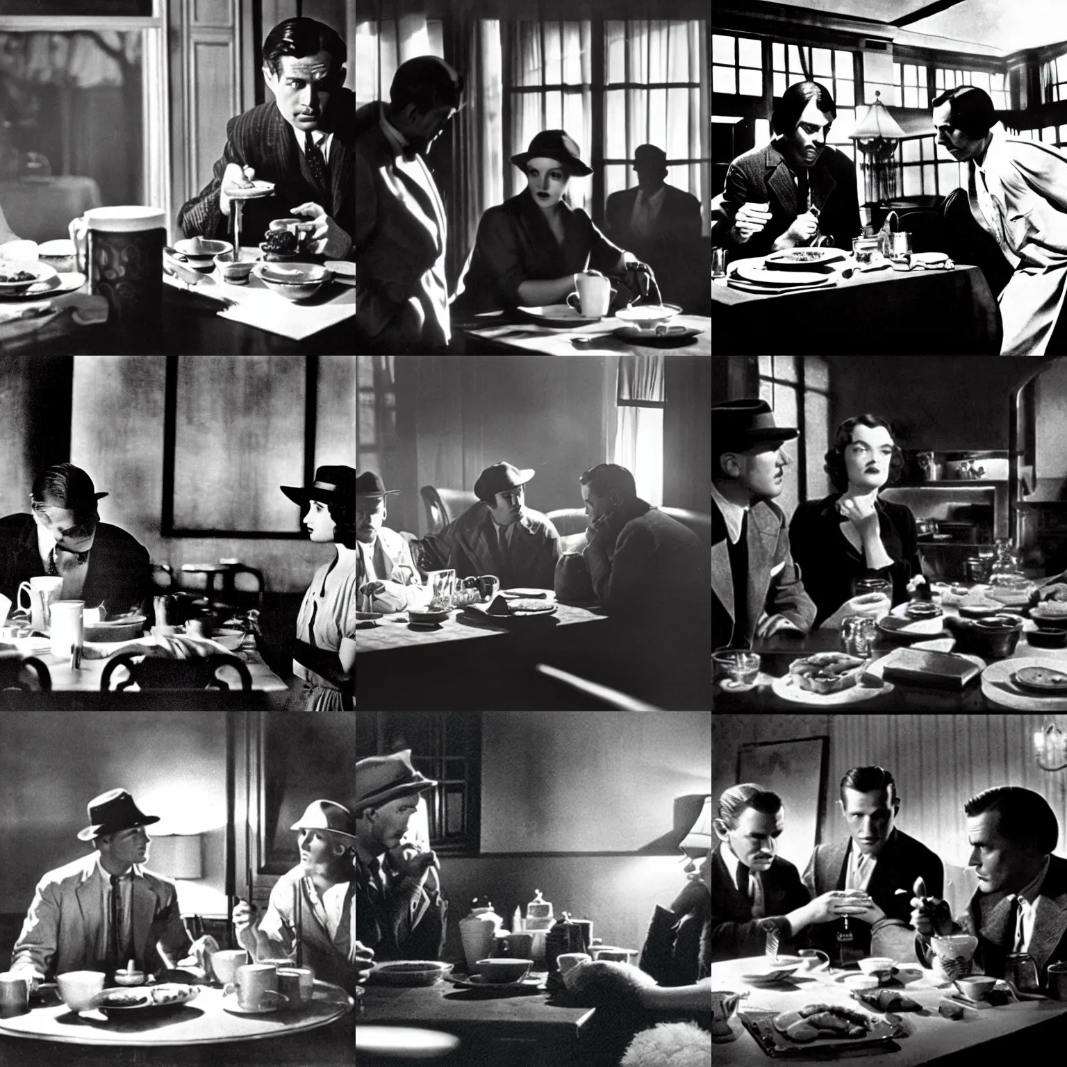 Prompt: a breakfast scene from a 1 9 3 0 film noir, moody, hard lighting, detective movie, award winning
